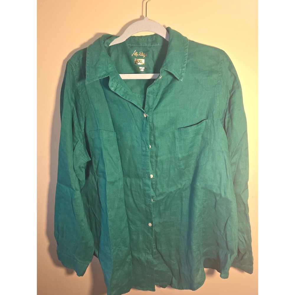 Lilly Pulitzer Emerald Green 100% Linen Button Down Shirt XXL Long Sleeve Pocket